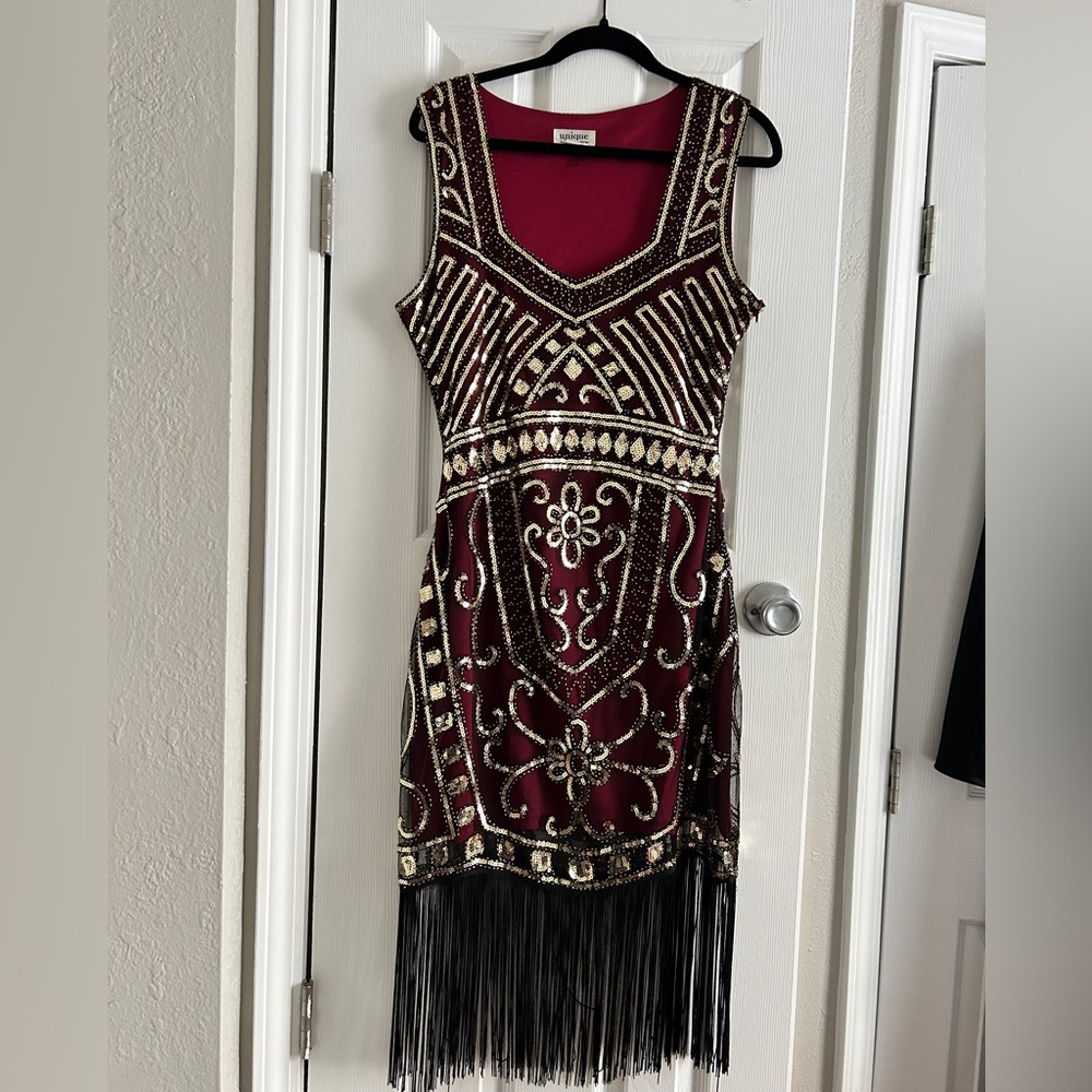 Unique Vintage Burgundy and Gold Beaded Fringe Mini Dress